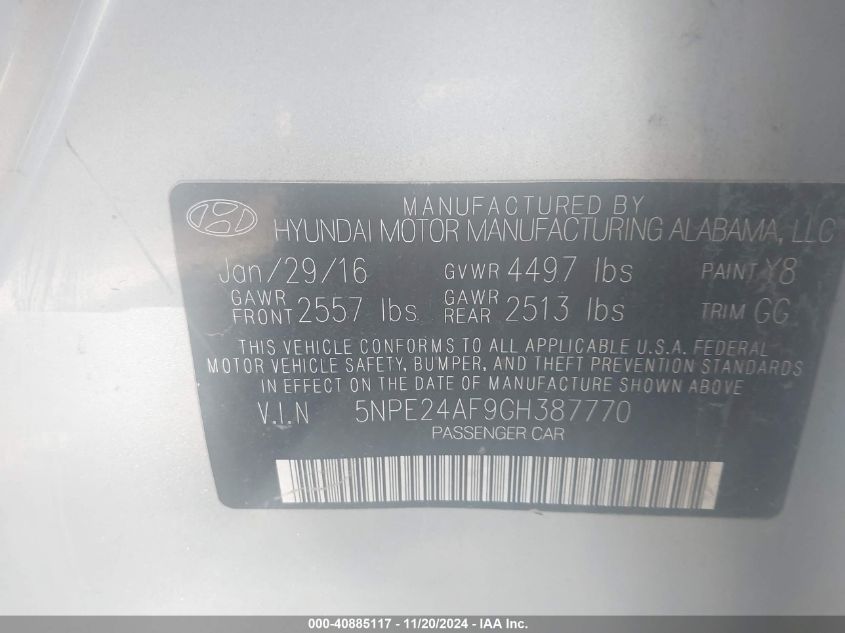 2016 HYUNDAI SONATA - 5NPE24AF9GH387770