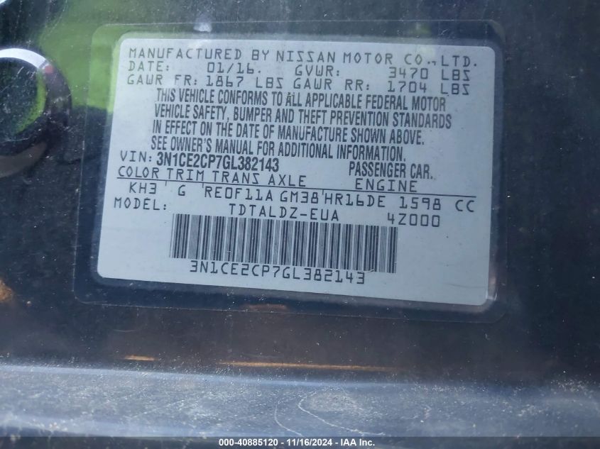 VIN 3N1CE2CP7GL382143 2016 NISSAN VERSA NOTE no.9