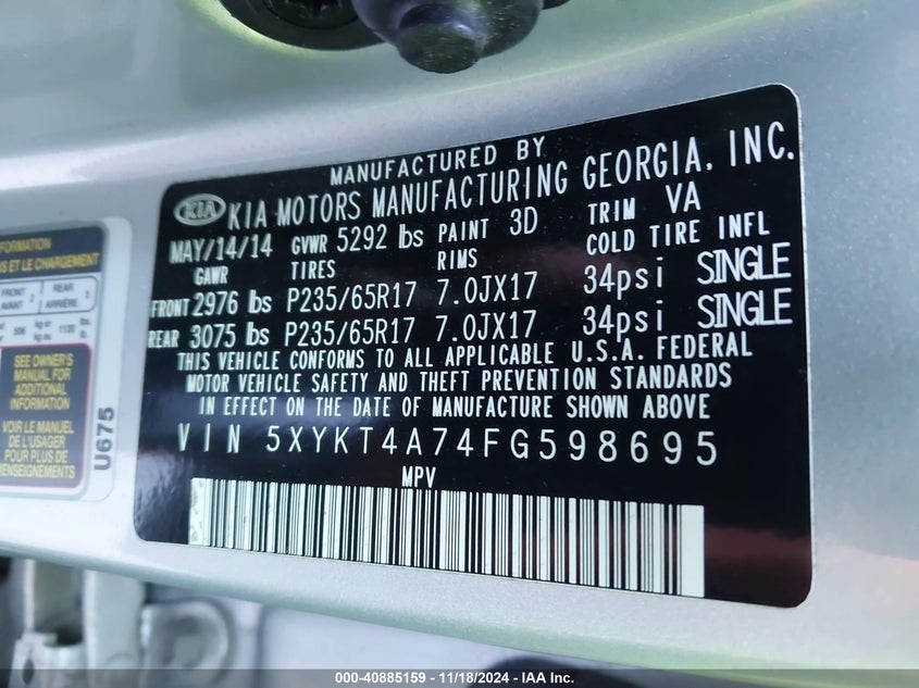 2015 Kia Sorento Lx V6 VIN: 5XYKT4A74FG598695 Lot: 40885159