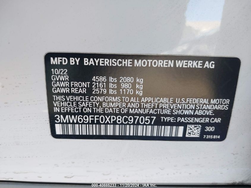 2023 BMW 330I VIN: 3MW69FF0XP8C97057 Lot: 40885233