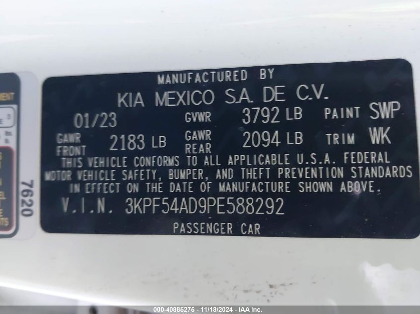 2023 Kia Forte Gt-Line VIN: 3KPF54AD9PE588292 Lot: 40885275