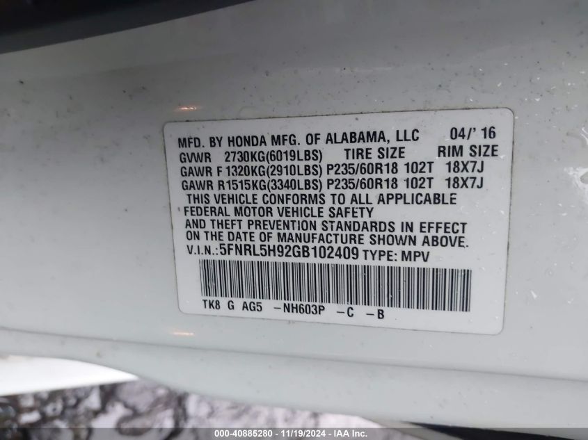 VIN 5FNRL5H92GB102409 2016 HONDA ODYSSEY no.9