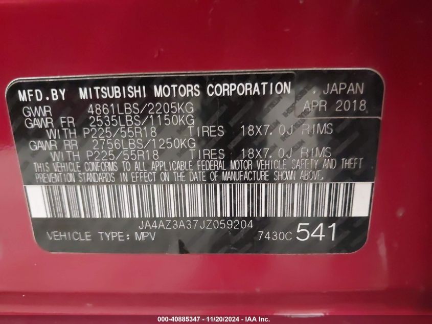 2018 Mitsubishi Outlander Es VIN: JA4AZ3A37JZ059204 Lot: 40885347