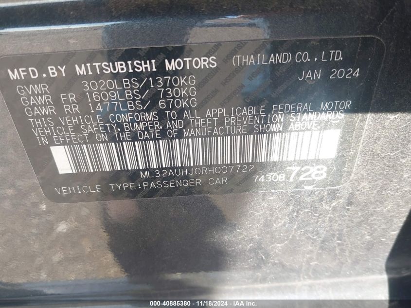 2024 Mitsubishi Mirage Es/Le VIN: ML32AUHJ0RH007722 Lot: 40885380