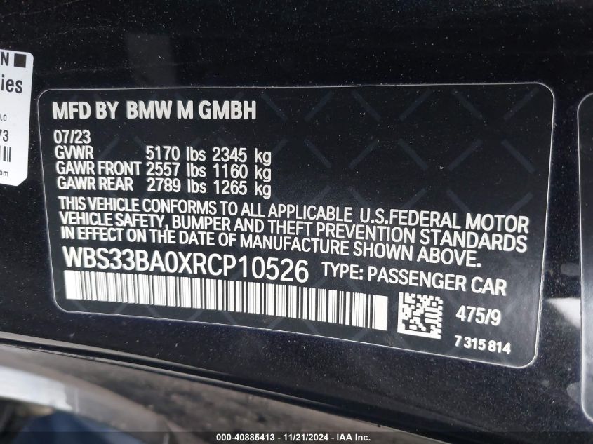 2024 BMW M4 Competition xDrive VIN: WBS33BA0XRCP10526 Lot: 40885413