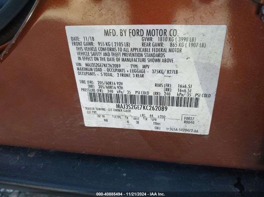 2019 Ford Ecosport Se VIN: MAJ3S2GE7KC262089 Lot: 40885494