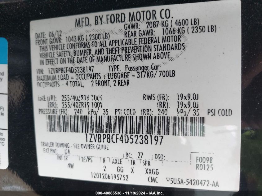 2013 FORD MUSTANG VIN: 1ZVBP8CF4D5238197
