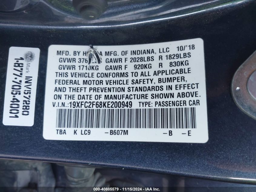 2019 Honda Civic Lx VIN: 19XFC2F68KE200949 Lot: 40885579