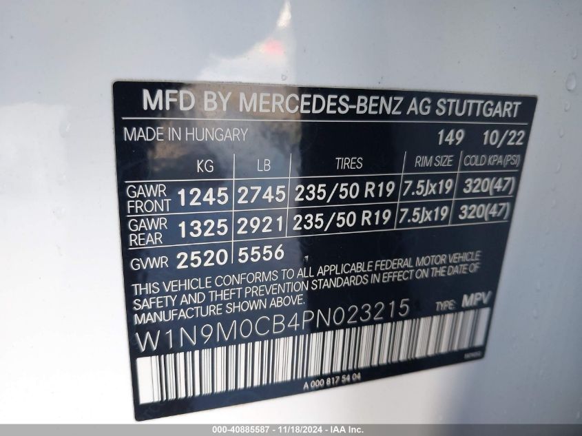 VIN W1N9M0CB4PN023215 2023 Mercedes-Benz Eqb 250 Suv no.9