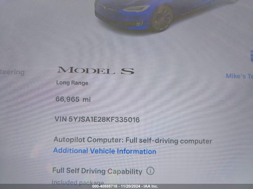 2019 Tesla Model S 100D/75D/Long Range/Standard Range VIN: 5YJSA1E28KF335016 Lot: 40885718