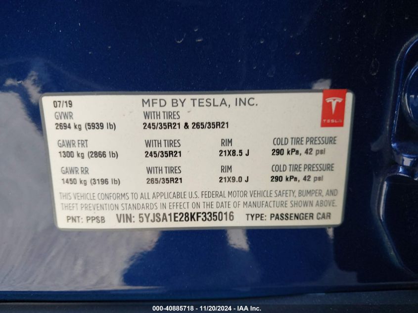 2019 Tesla Model S 100D/75D/Long Range/Standard Range VIN: 5YJSA1E28KF335016 Lot: 40885718