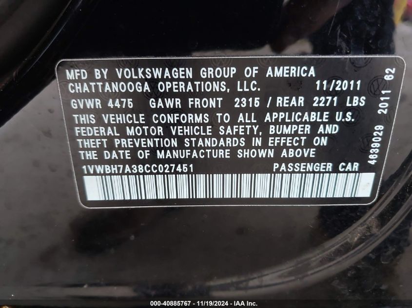 2012 Volkswagen Passat 2.5L Se VIN: 1VWBH7A38CC027451 Lot: 40885767