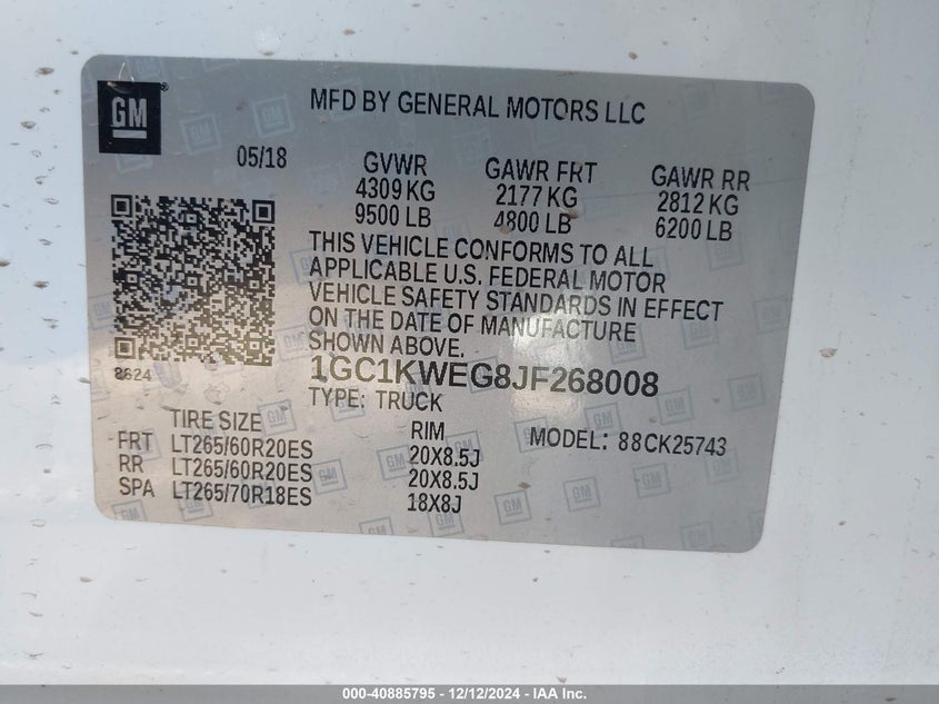2018 CHEVROLET SILVERADO 2500HD VIN: 1GC1KWEG8JF268008