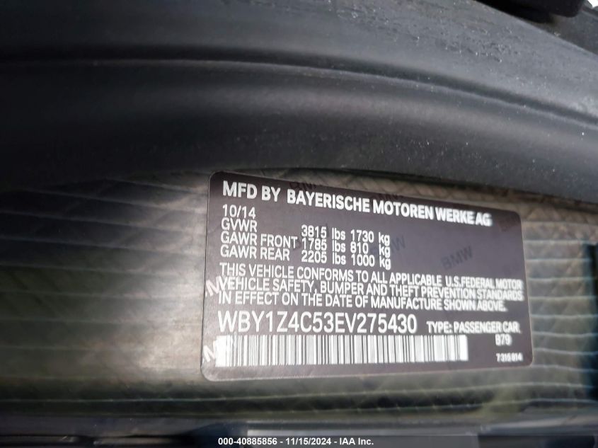 2014 BMW I3 Base W/Range Extender VIN: WBY1Z4C53EV275430 Lot: 40885856