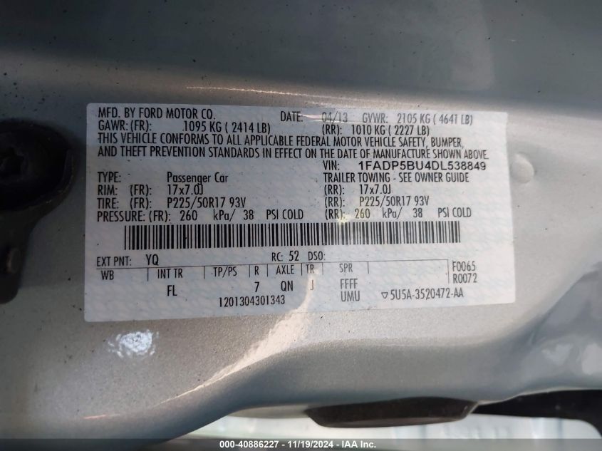 2013 Ford C-Max Hybrid Sel VIN: 1FADP5BU4DL538849 Lot: 40886227