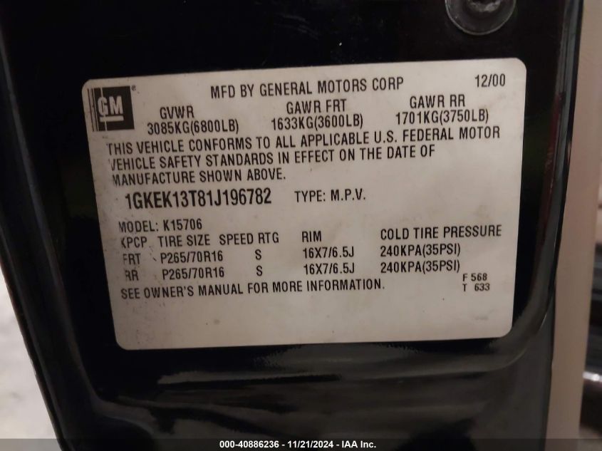 2001 GMC Yukon Slt VIN: 1GKEK13T81J196782 Lot: 40886236