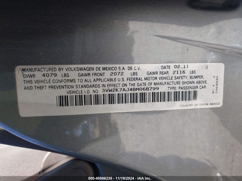2011 VOLKSWAGEN JETTA VIN: 3VW2K7AJ4BM068799