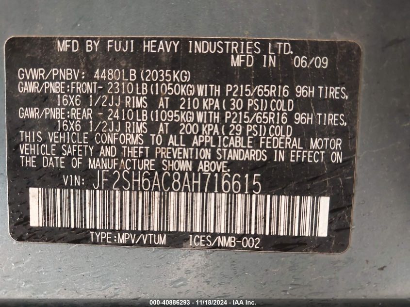 2010 Subaru Forester 2.5X VIN: JF2SH6AC8AH716615 Lot: 40886293