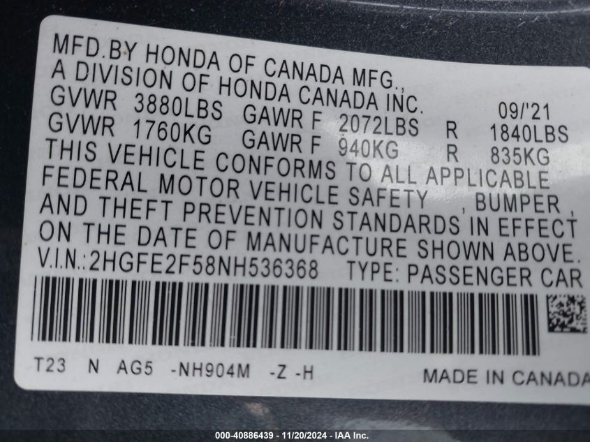 2022 Honda Civic Sport VIN: 2HGFE2F58NH536368 Lot: 40886439