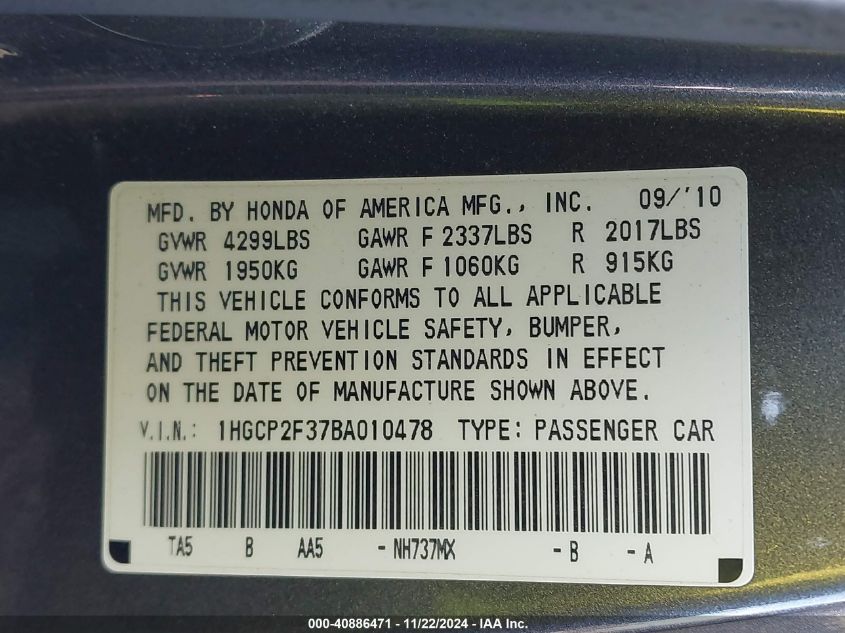 2011 Honda Accord Sdn Lx VIN: 1HGCP2F37BA010478 Lot: 40886471