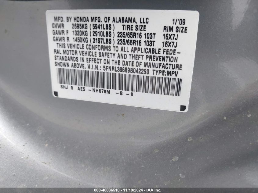 2009 Honda Odyssey Ex-L VIN: 5FNRL38689B042293 Lot: 40886510