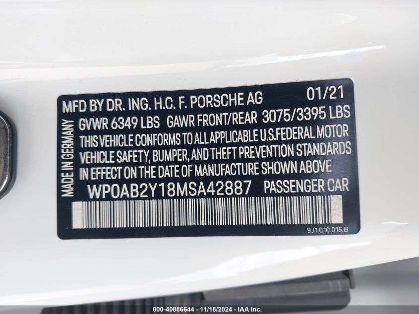 2021 Porsche Taycan 4S VIN: WP0AB2Y18MSA42887 Lot: 40886644