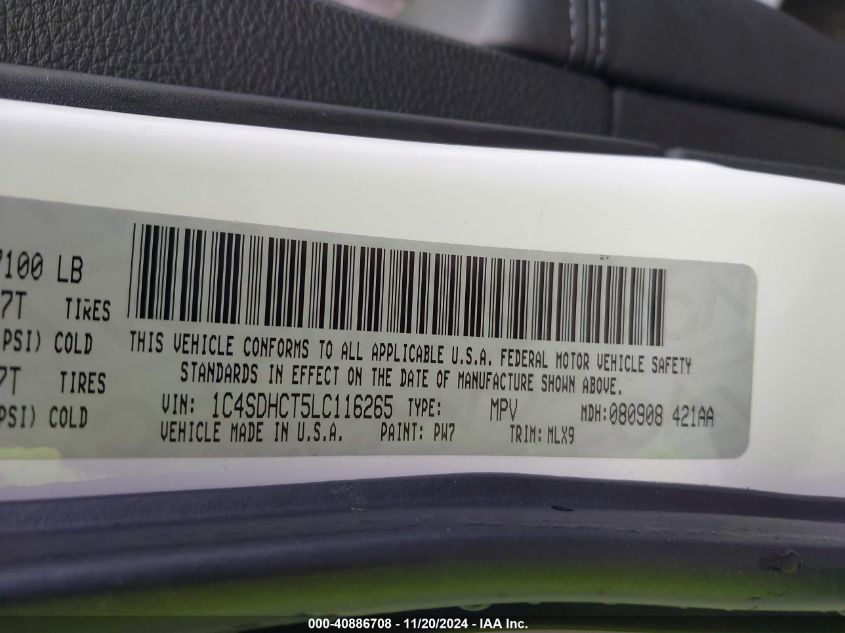 2020 Dodge Durango R/T Rwd VIN: 1C4SDHCT5LC116265 Lot: 40886708