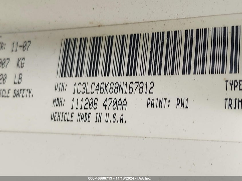 2008 CHRYSLER SEBRING VIN: 1C3LC46K68N167812