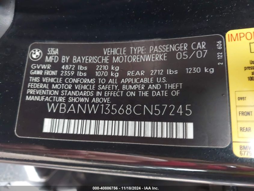 2008 BMW 535I VIN: WBANW13568CN57245 Lot: 40886756