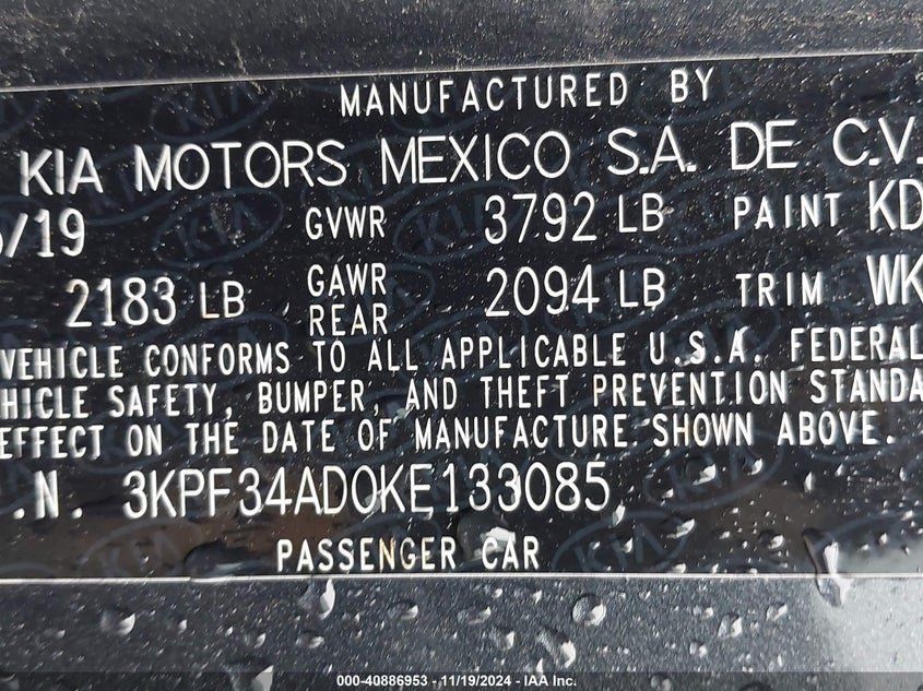 2019 KIA FORTE S - 3KPF34AD0KE133085