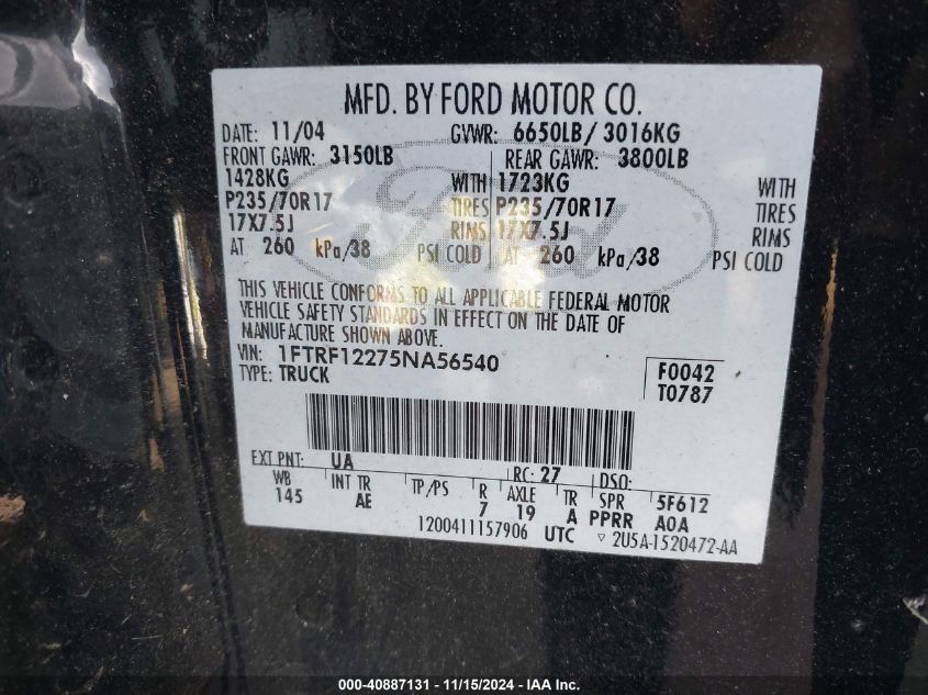 2005 Ford F-150 Stx/Xl/Xlt VIN: 1FTRF12275NA56540 Lot: 40887131