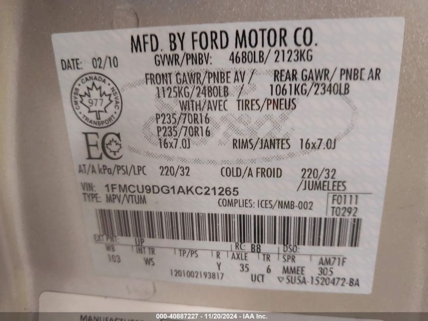 2010 Ford Escape Xlt VIN: 1FMCU9DG1AKC21265 Lot: 40887227