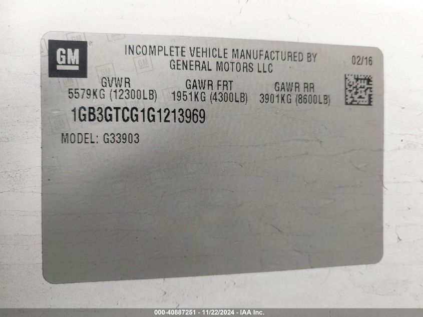 2016 Chevrolet Express G3500 3500 VIN: 1GB3GTCG1G123969 Lot: 40887251