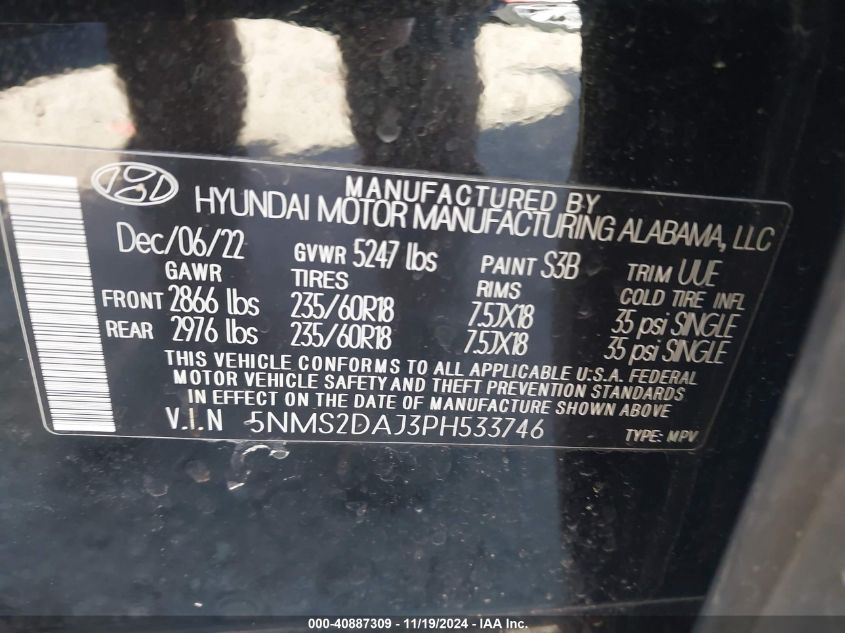 2023 Hyundai Santa Fe Sel VIN: 5NMS2DAJ3PH533746 Lot: 40887309