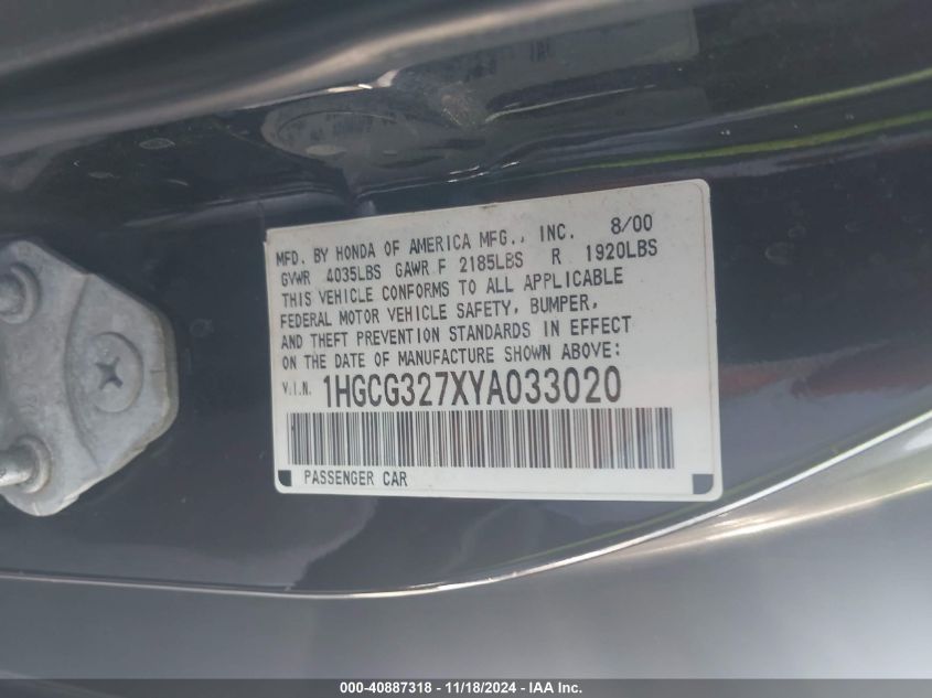 2000 Honda Accord 2.3 Ex VIN: 1HGCG327XYA033020 Lot: 40887318