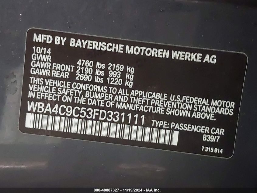 2015 BMW 428 Gran Coupe xDrive VIN: WBA4C9C53FD331111 Lot: 40887327