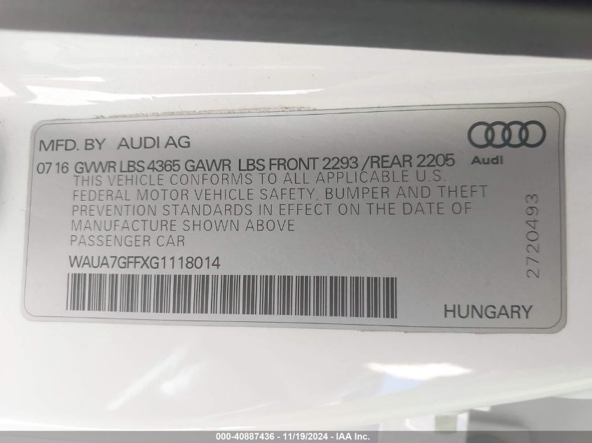 2016 Audi A3 1.8T Premium VIN: WAUA7GFFXG1118014 Lot: 40887436