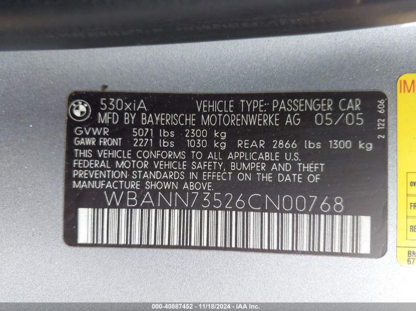 2006 BMW 530Xit VIN: WBANN73526CN00768 Lot: 40887452