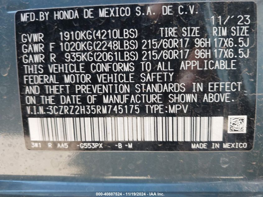 2024 Honda Hr-V Awd Lx VIN: 3CZRZ2H35RM745175 Lot: 40887524