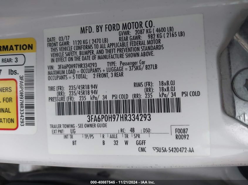 2017 FORD FUSION SE - 3FA6P0H97HR334293