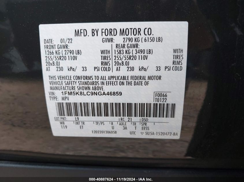 2022 Ford Explorer King Ranch VIN: 1FM5K8LC9NGA46859 Lot: 40887624