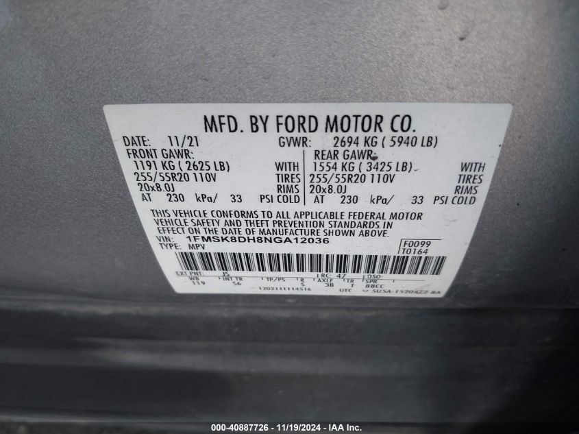 VIN 1FMSK8DH8NGA12036 2022 Ford Explorer, Xlt no.9