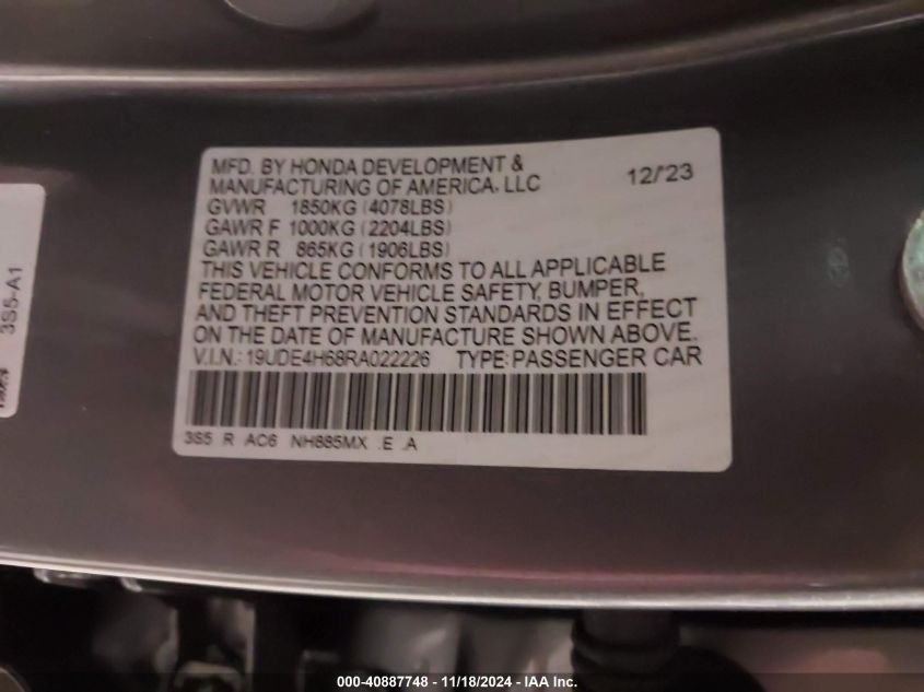 2024 ACURA INTEGRA VIN: 19UDE4H68RA022226