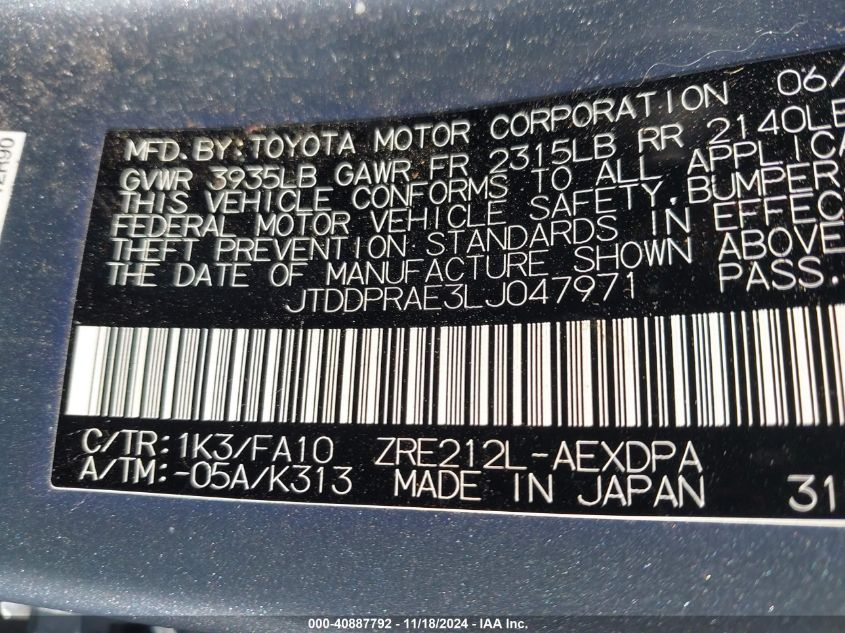 2020 Toyota Corolla L VIN: JTDDPRAE3LJ047971 Lot: 40887792