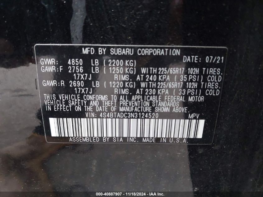 2022 Subaru Outback Premium VIN: 4S4BTADC3N3124520 Lot: 40887907