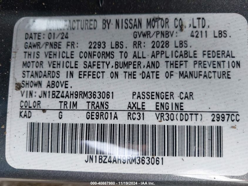 2024 Nissan Z Sport Auto VIN: JN1BZ4AH9RM363061 Lot: 40887980