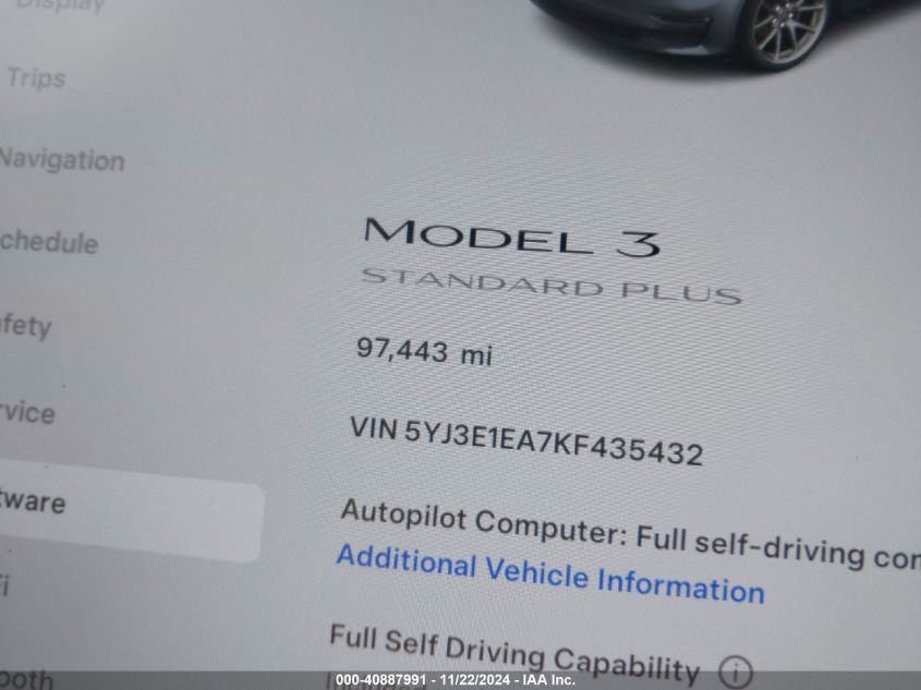 2019 Tesla Model 3 Long Range/Mid Range/Standard Range/Standard Range Plus VIN: 5YJ3E1EA7KF435432 Lot: 40887991