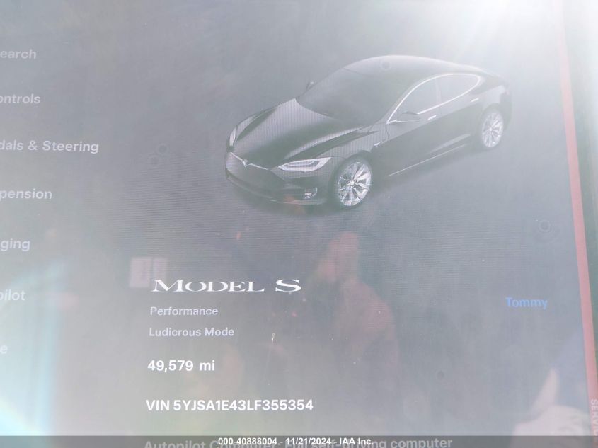 2020 Tesla Model S Performance Dual Motor All-Wheel Drive VIN: 5YJSA1E43LF355354 Lot: 40888004