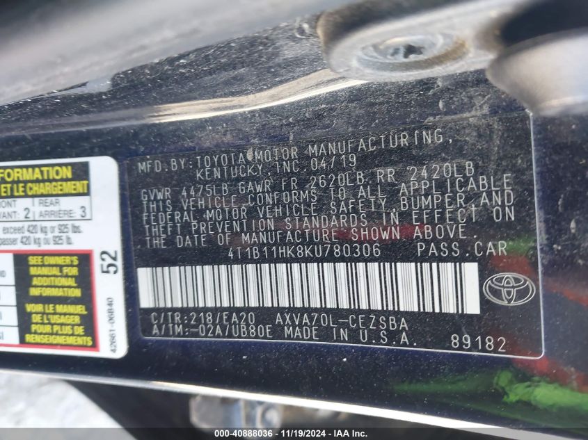 2019 TOYOTA CAMRY VIN: 4T1B11HK8KU780306