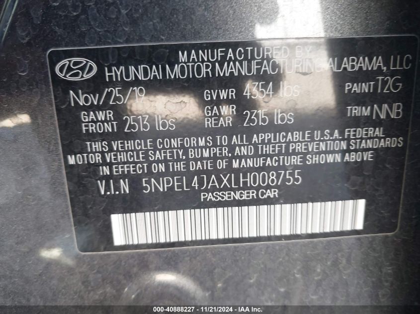 2020 Hyundai Sonata Sel VIN: 5NPEL4JAXLH008755 Lot: 40888227